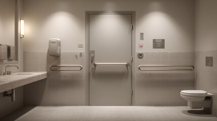 Clean accessibility-focused restroom scene with sturdy metal grab bars, generously wide door, simple neutral walls