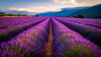 Obraz premium A vast expanse of vibrant purple lavender fields stretches out, bordered by rolling hills, bathed in the soft light of a serene sunset.