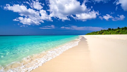 Obraz premium A breathtaking tropical beach scene showcases a pristine white sand shore meeting a vibrant turquoise ocean under a vibrant, cloud-filled sky.