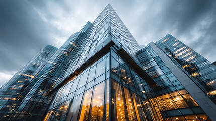 Fototapeta premium Modern architecture building exterior with glass facade and cloudy sky perspective