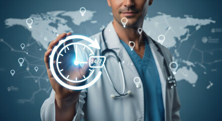 Global Telemedicine & 24/7 Healthcare: A male doctor touches a glowing 24/7 clock, with a global map and location pins in the background, symbolizing worldwide, round-the-clock medical service