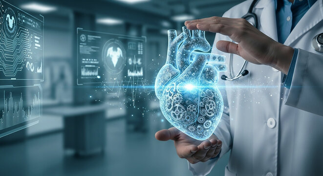 Cardiology & Heart Research: A doctor holds a glowing holographic heart with internal mechanical gears, symbolizing advanced cardiovascular research and innovative diagnosis
