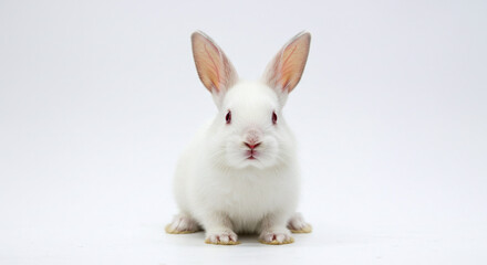Obraz premium A white rabbit with pink eyes sitting upright on a white surface looking directly at the camera