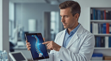 Spinal Health: A male doctor in a lab coat uses a digital tablet to show a glowing holographic model of the human spine, symbolizing chiropractic and orthopedic diagnostics