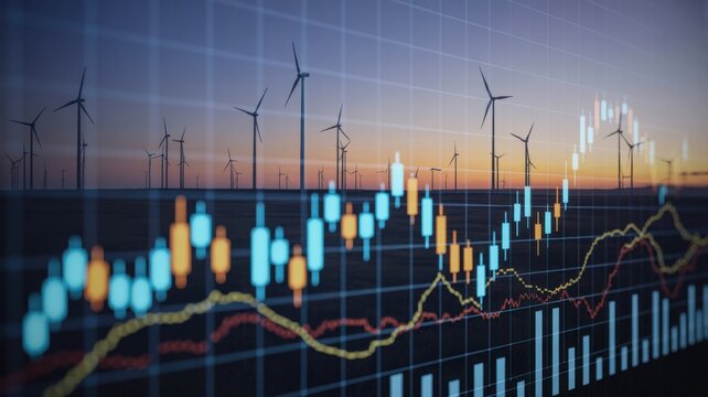 Wind turbines and stock market graph showing the growth of renewable energy investments and the future of sustainable business and finance