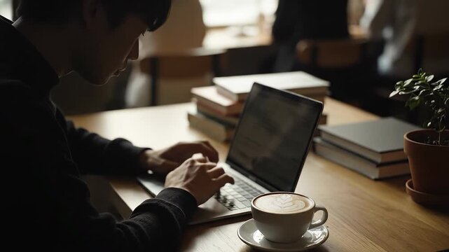 Focused Man in a Dark Hoodie Typing on a Laptop in a Sunlit Cafe with Coffee and Books.
