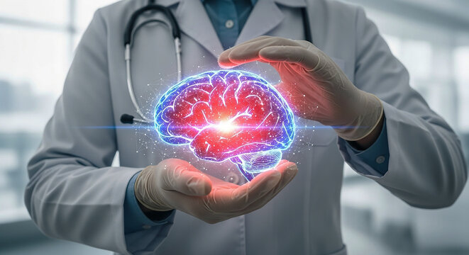 Neurology & Brain Health: A doctor with a stethoscope holds a glowing, holographic human brain, symbolizing brain health, neurological research, and mental well-being - Powered by Adobe