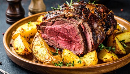 Obraz premium Alcatra Madeira Pot Roast Beef with Potatoes. Portuguese Fine Dining Food