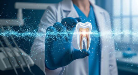 Dental Technology: A dentist in gloves holds a glowing, holographic tooth with a detailed root canal, symbolizing advanced digital dentistry, dental care, and oral health