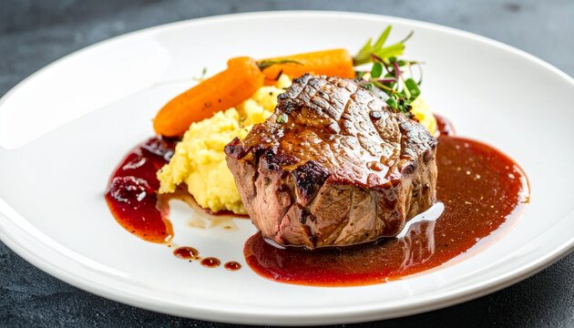 Veal Tenderloin with Madeira Sauce and Root Vegetable Puree. Portuguese Fine Dining Food