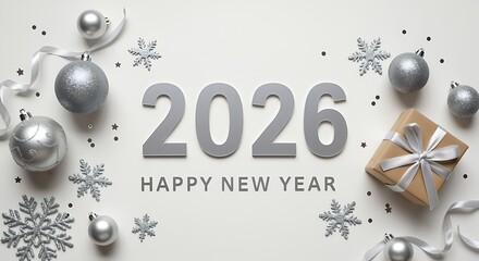 Happy New Year 2026 Celebration with Ornaments and Gift Box holiday