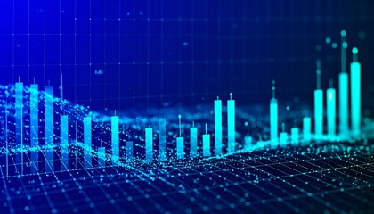 Abstract Blue Data Visualization with Particle Streams and Stacked Charts Depicting Financial Analysis Concept