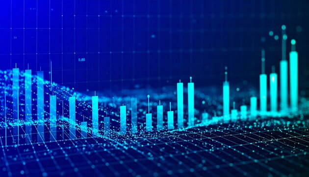 Abstract Blue Data Visualization with Particle Streams and Stacked Charts Depicting Financial Analysis Concept