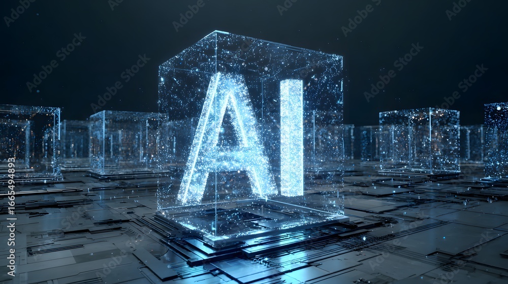 Aufkleber luminous blue ai acronym formed by a plexus of particles within a glass cube on a futuristic cpu.