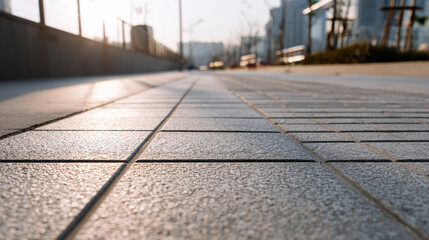 Close-up of tactile paving tiles on clean concrete sidewalk in urban setting, accessibility-focused public infrastructure, neutral minimal