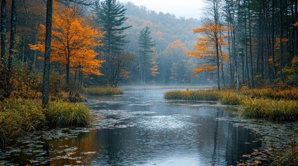 Misty Autumn Pond Scene