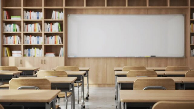 Empty classroom with desks, chairs, whiteboard, and bookshelf.