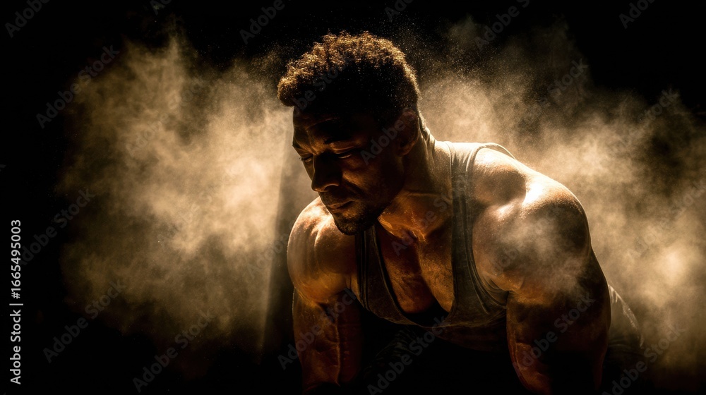 Aufkleber strong athlete training intensely in a dimly lit environment with particles of dust illuminated by s