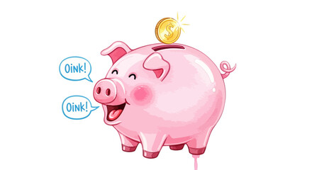 Fototapeta premium Artistic watercolor illustration of a cheerful pink piggy bank with a gold coin. A charming concept for savings, investment, and financial literacy