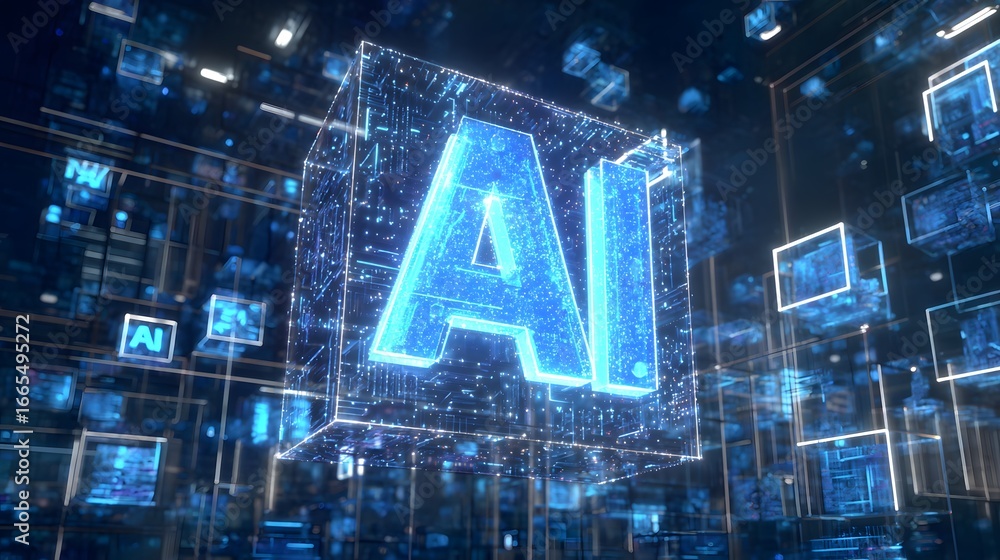 Poster a glowing blue 3d ai logo made of digital particles encased in a transparent cube with luminous circ