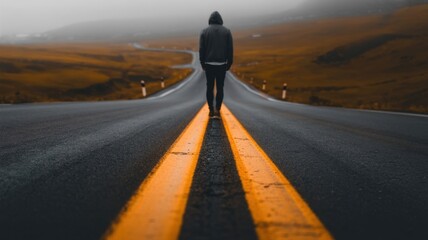 A lone figure stands on an empty road, evoking a sense of solitude and journey into the unknown, with a horizon shrouded in mist and mystery