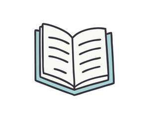 Simple hand drawn illustration of an open book with blank pages and lines representing text on a white background