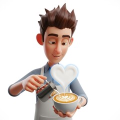 A cheerful cartoon barista expertly pours latte art, creating a heart-shaped design in the foam.
