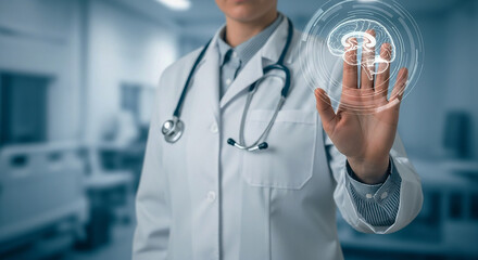 A dedicated doctor in a lab coat touches a glowing digital human brain hologram, symbolizing advanced neurological research and innovative mental health solutions