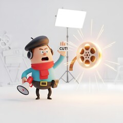 Cartoon director animated, shouting "Cut!" with a film reel exploding with energy.