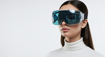 Woman wearing futuristic vr headset with digital display on a white background in a studio shot