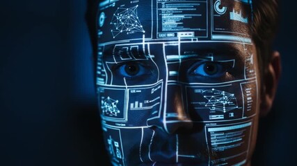 Man's face illuminated with futuristic data interface, displaying complex graphs and information panels - Powered by Adobe