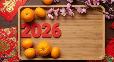 Chinese New Year 2026 Celebration with Oranges, Flowers, and Red Envelopes