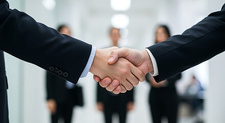 Two businessmen shaking hands with blurred colleagues in background handshake agreement