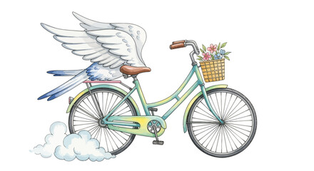 Fototapeta premium Whimsical drawing of a flying bicycle with feathered wings, carrying a bird and flowers, taking off with a cloud, symbolizing freedom and dreams