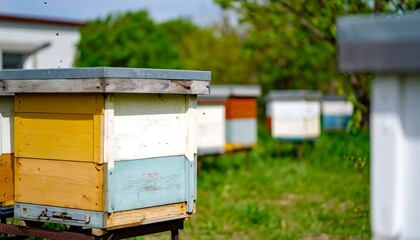 Colorful beehives stand in a grassy field, showcasing vibrant hues and a rural setting.