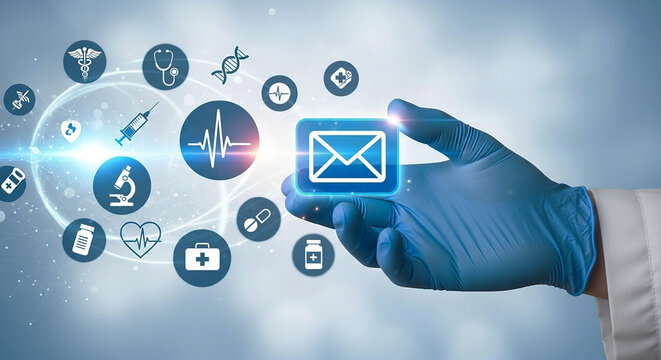 A gloved doctor's hand holds a digital envelope icon, representing secure and confidential patient communication and digital health messaging