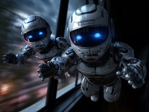 Two futuristic humanoid robots with chrome armor and glowing blue eyes flying forward.