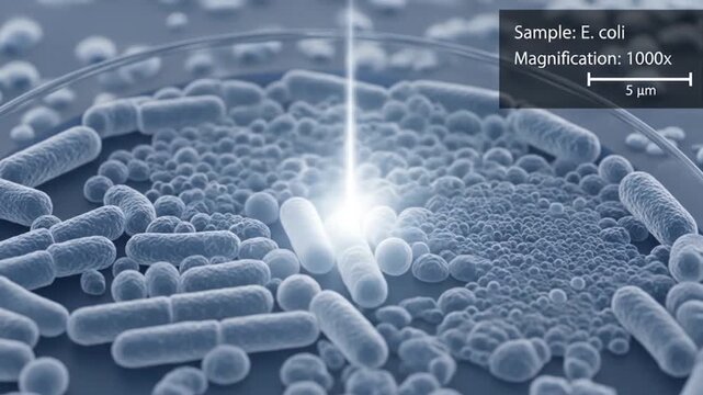 Microscopic View of E. coli Bacteria Colony at 1000x Magnification in a Petri Dish