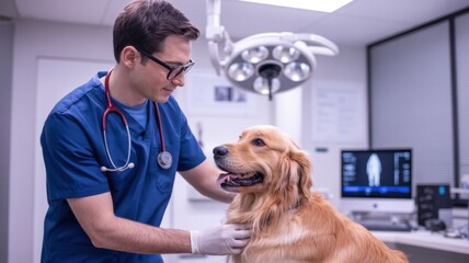 A veterinarian is examining a golden retriever dog in a clinic, ensuring its health and wellbeing with a stethoscope and medical expertise