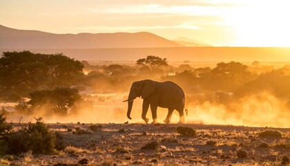 African Elephant Sunset Savannah.