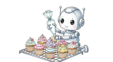 Naklejka premium Robot Chef Decorating Cupcakes A Whimsical Illustration for Baking Enthusiasts and Food Lovers