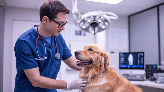 A veterinarian is examining a golden retriever dog in a clinic, ensuring its health and wellbeing with a stethoscope and medical expertise