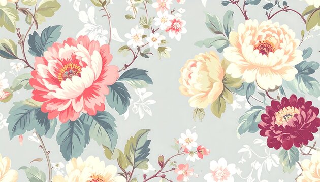 A lovely floral design in muted pinks, creams, and burgundy tones creates a charming and delicate pattern on a light gray background.