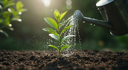 Young green plant being watered by a watering can in soft sunlight garden growth