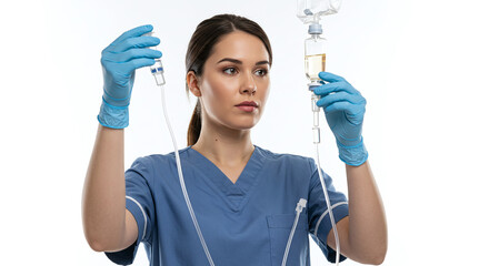 Woman in scrubs adjusting iv drip with blue gloves against a plain white studio background scene shot