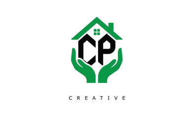 CP Home Care Logo - Green House and Hand Symbol for Real Estate, Eco Housing & Modern Branding
