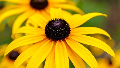 Close-up view of a radiant yellow flower head, showcasing intricate details of the petals and dark center.