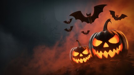 Spooky halloween pumpkins with carved faces and bats flying in the dark night, creating a scary and eerie atmosphere for the holiday