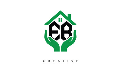 EB Home Care Logo - Green House and Hand Symbol for Real Estate, Eco Housing & Modern Branding