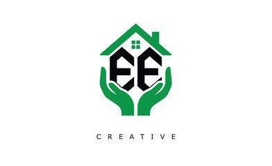 EE Home Care Logo - Green House and Hand Symbol for Real Estate, Eco Housing & Modern Branding